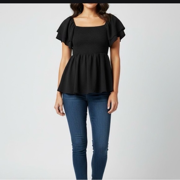 Lyaner Tops - Chic Black Ruffle Sleeve Blouse
